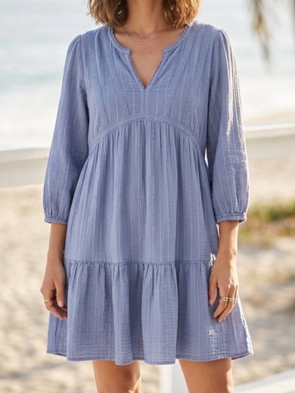 Lucky Brand Blue Boho Tiered Babydoll Mini Dress Lace Trim M